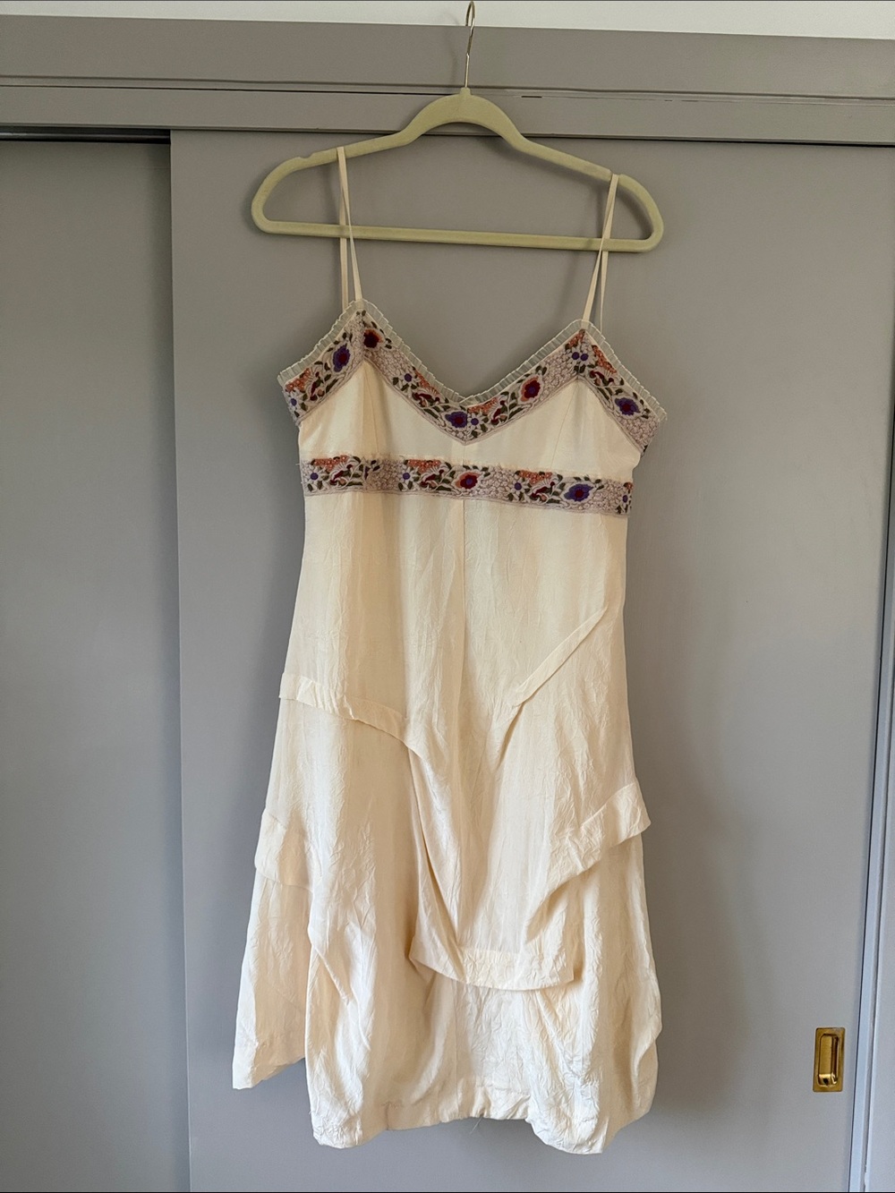 Sue Wong Cream Silk Embroidered Slip Dress with Pink Floral Accents